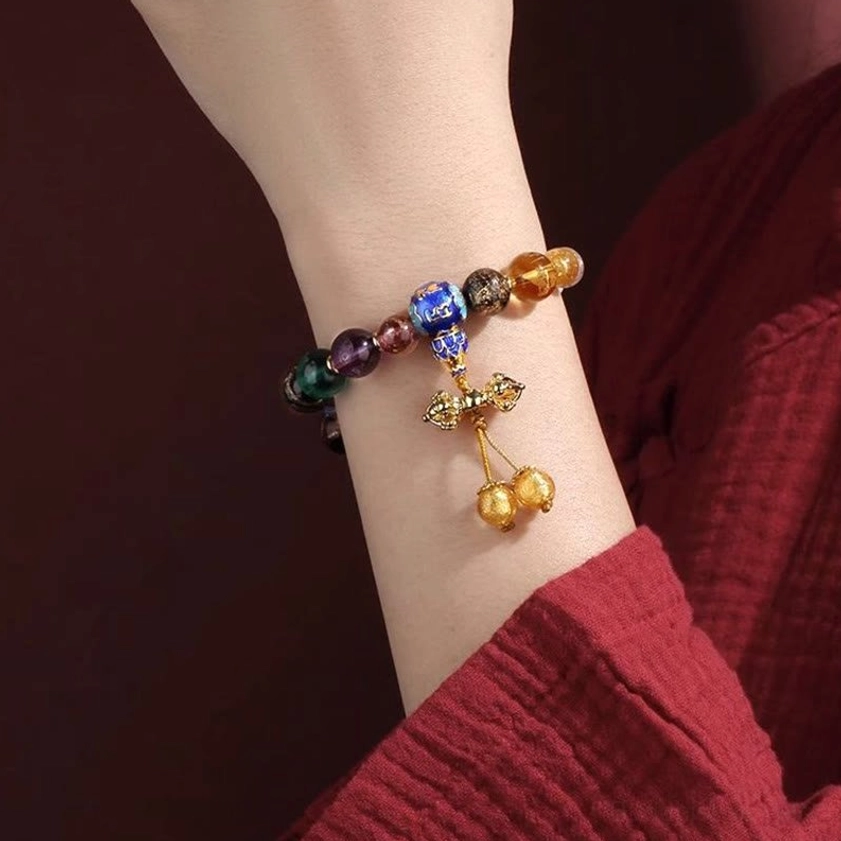 Handcrafted incense ash liuli glass mala bracelet featuring five elements colors for chakra balancing and spiritual energy harmony