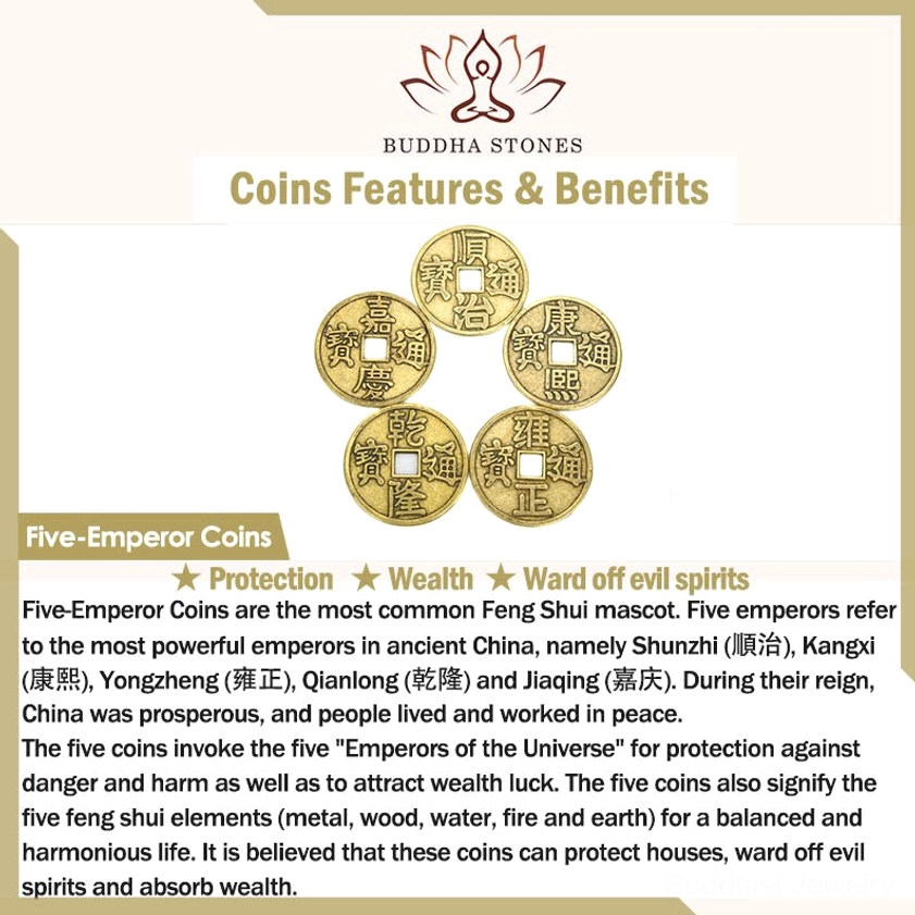Five antique bronze Emperor coins for protection wealth and Feng Shui harmony and balance