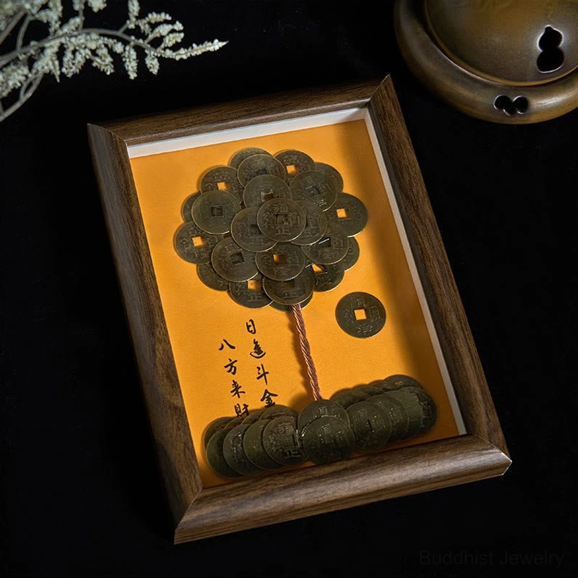 Wooden Feng Shui coin tree photo frame with elevated side angle display, showing frame construction and coin arrangement