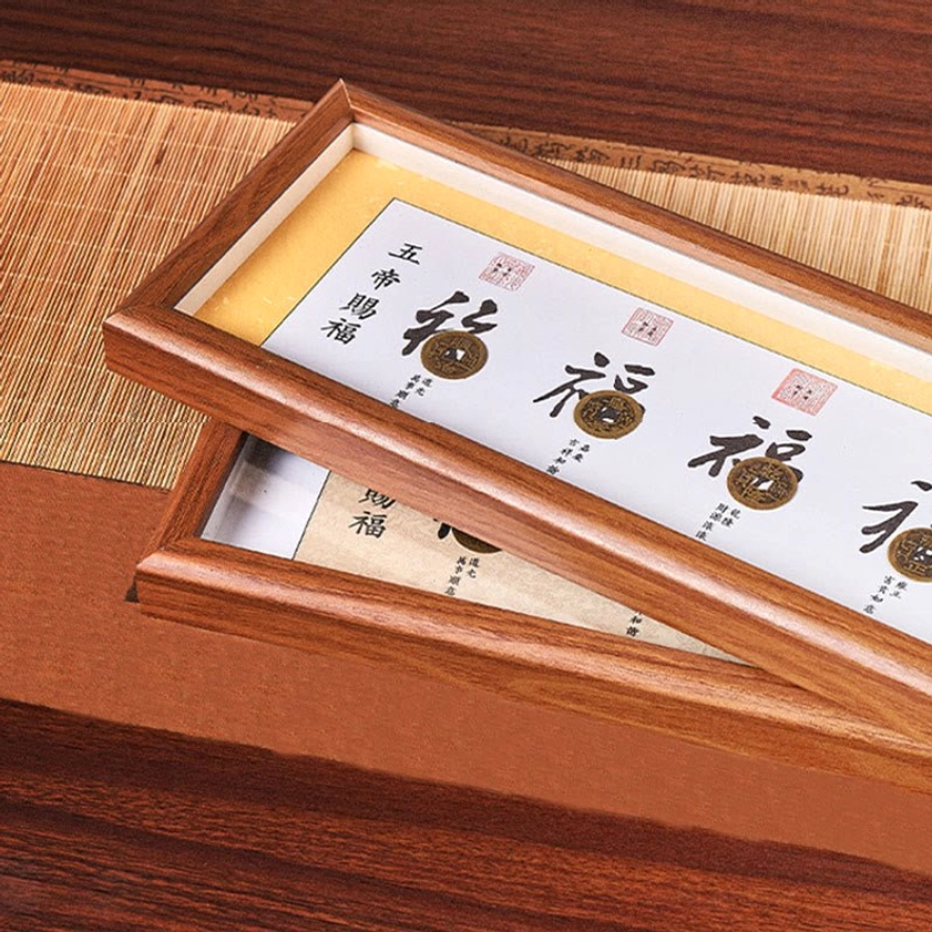 Five-Emperor Coins Fu Character wooden photo frame showing authentic antique coin inlays and blessing design