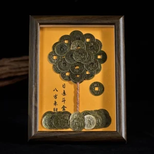 Five-Emperor Coins Tree Feng Shui wooden frame ornament front view, showing golden coin tree design with Chinese calligraphy backing and dark wood frame