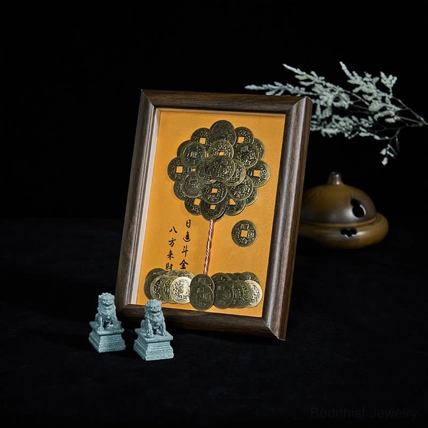 Five-Emperor Coins tree ornament frame with stacked coin base and authentic Chinese calligraphy, low angle side perspective