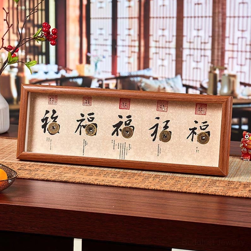 Five Emperors Blessing wooden photo frame with beige background and Fu character with antique coins