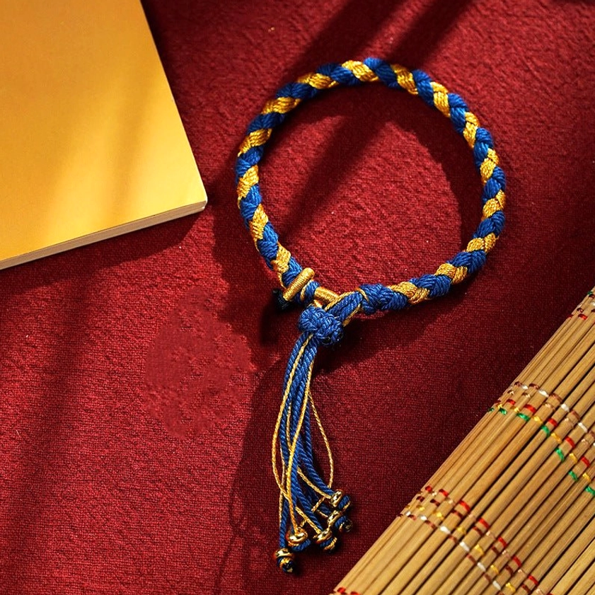 Blue Gold Five Gods of Wealth braided rope bracelet with blue-gold twisted braid, Buddhist wisdom and healing prosperity charm handmade