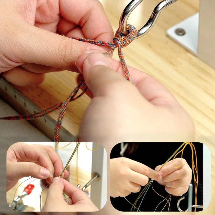 Handcrafted bracelet weaving tutorial showing artisan process, metal tools, and step-by-step inset photos of Buddhist rope bracelet making