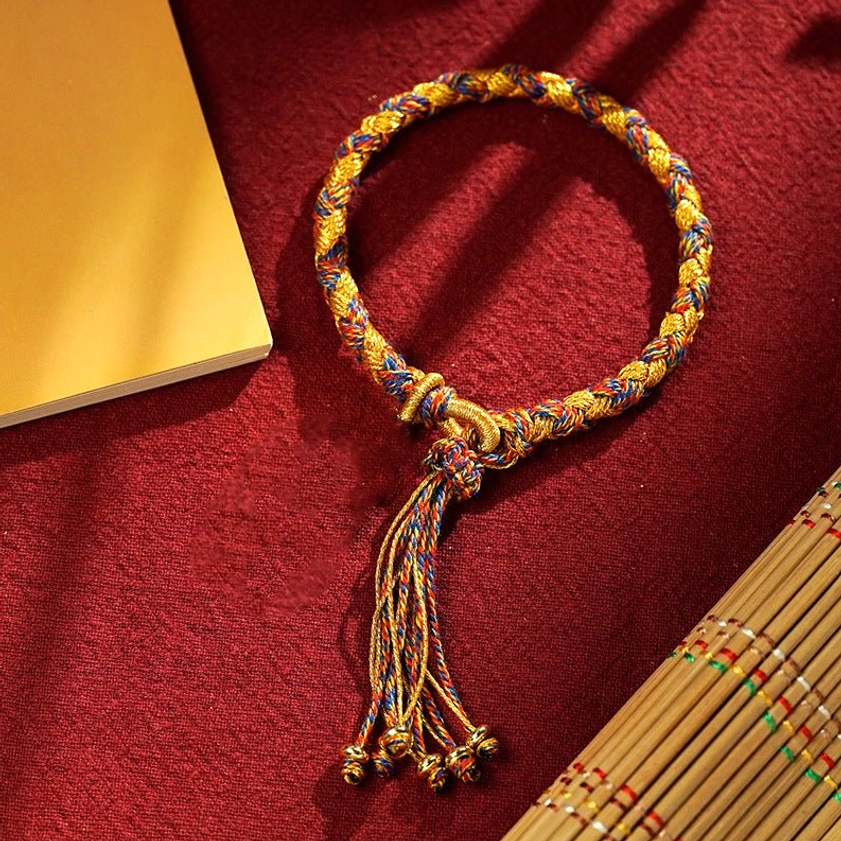 Colorful Gold Five Gods of Wealth braided bracelet with multicolor rope braid and mixed charm, comprehensive Buddhist prosperity protection