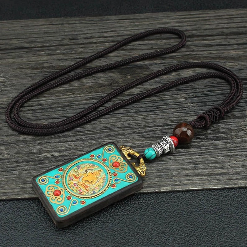Complete Five Gods of Wealth thangka Buddhist necklace with braided cotton cord and metal accents