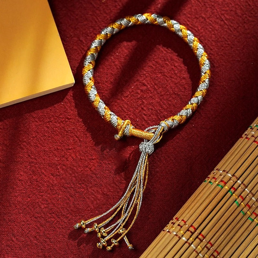Gray Gold Five Gods of Wealth rope bracelet with gray-gold twisted braid, handmade Buddhist luck charm with adjustable wrist fit