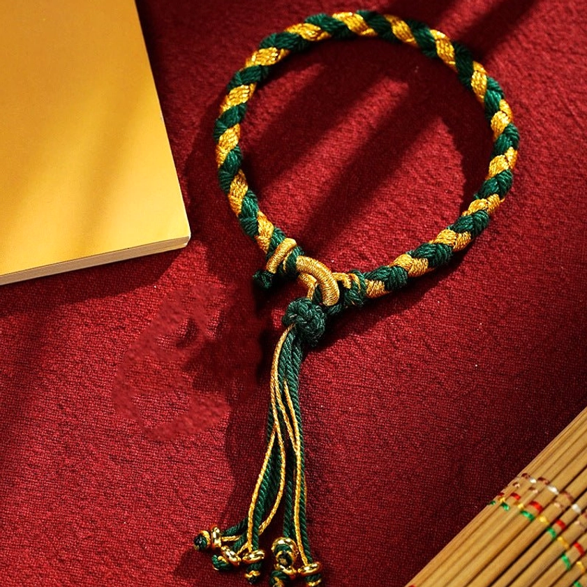 Green Gold Five Gods of Wealth braided bracelet with green-gold rope braid, handmade Buddhist balance and harmony prosperity piece