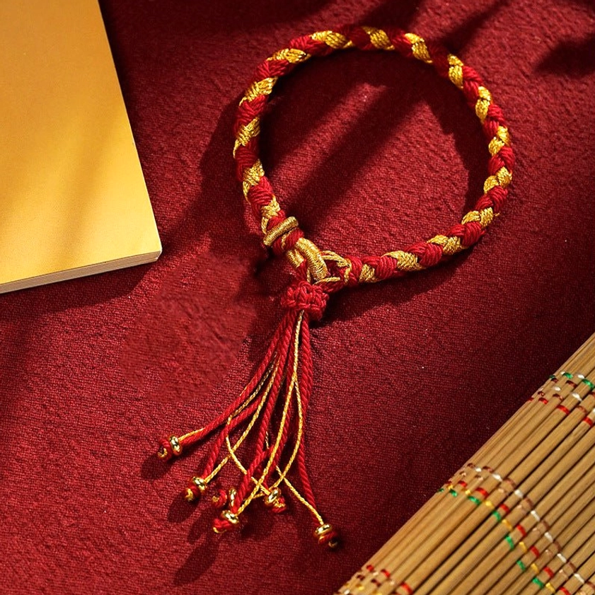 Red Gold Five Gods of Wealth braided bracelet with red-gold rope braid, handmade Buddhist prosperity charm for vitality and protection