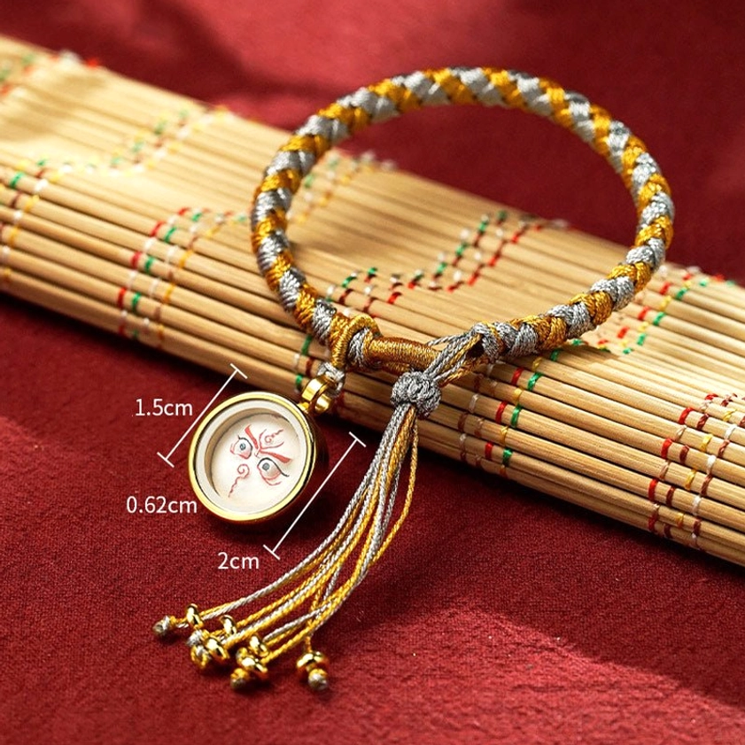 Five Gods of Wealth Buddhist red string bracelet for protection and prosperity, traditional handwoven design with sacred charm