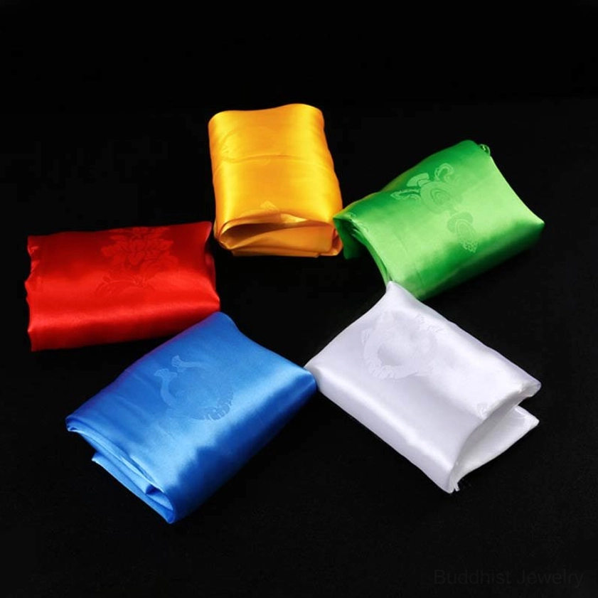Buddhist five-color blessing khata scarves set packaged presentation with gift arrangement ready for ceremonial giving