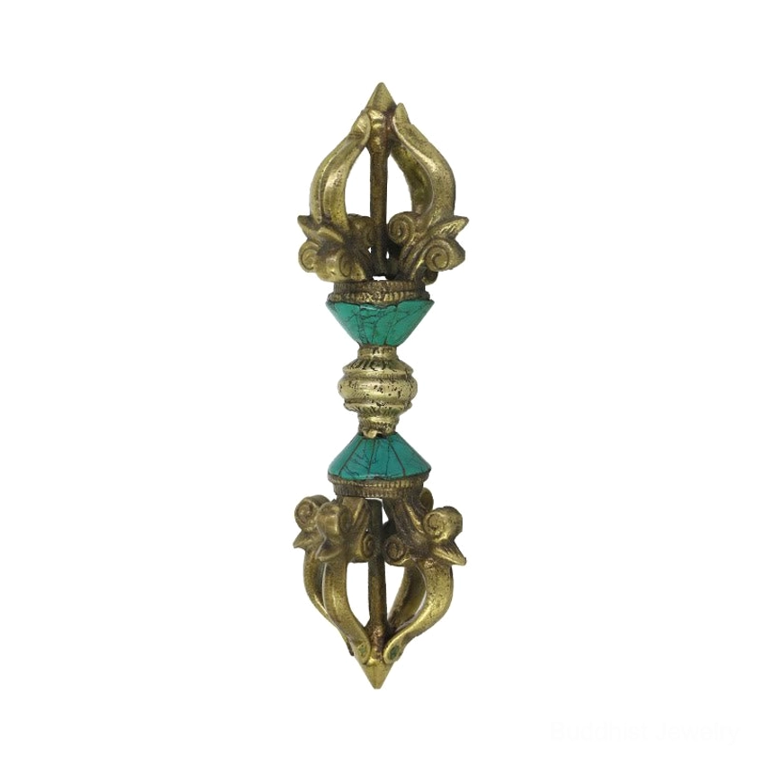 Handcrafted five-prong vajra dorje showcase showing intricate bronze work and turquoise stone inlays