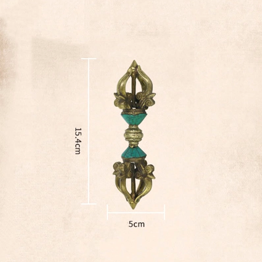 Five-prong vajra dorje full front view with size scale 15.4cm length 5cm width showing standard ritual design