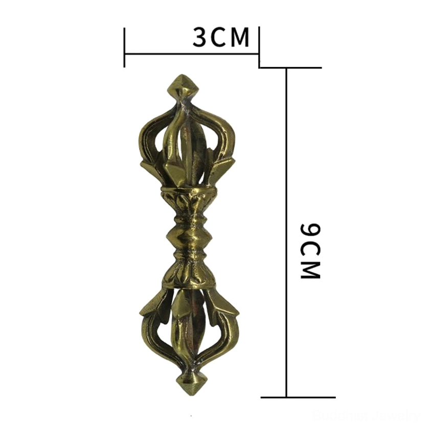 Five prong vajra dorje with dimension measurements showing 9cm length and 3cm width specifications