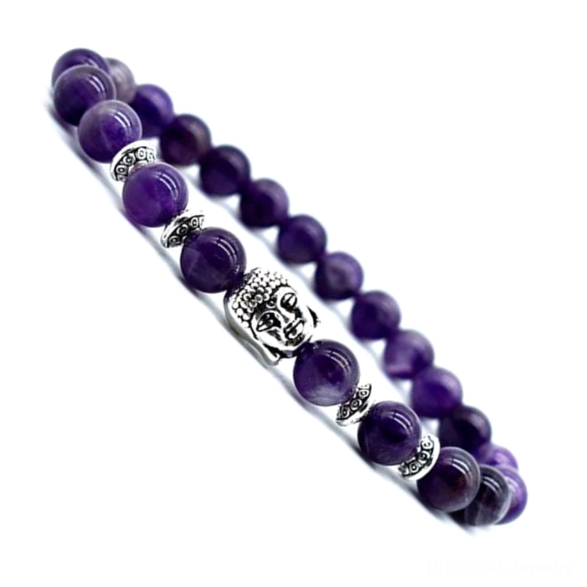 Multistone Buddhist bracelet featuring amethyst, lazurite, pink crystal and black onyx beads with Buddha spacers - oblique view