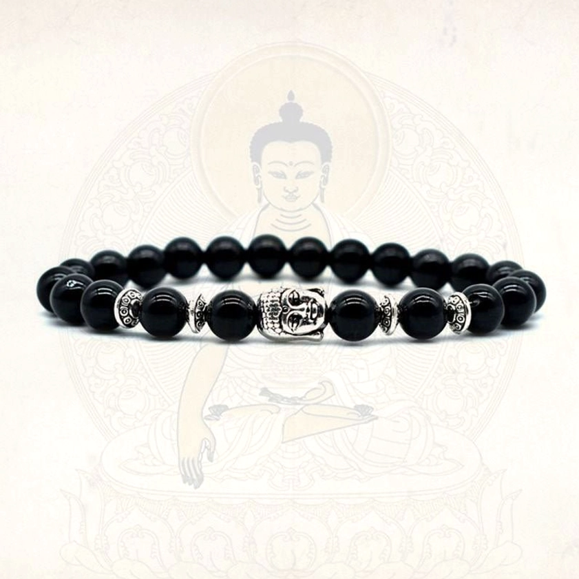 Multistone Buddhist bracelet with polished amethyst, lazurite, pink crystal, tiger eye and black onyx - dark background