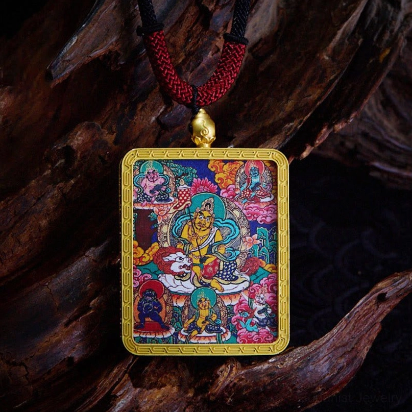 Five-Way God of Wealth Buddhist Thangka pendant featuring multiple prosperity deities in sacred arrangement