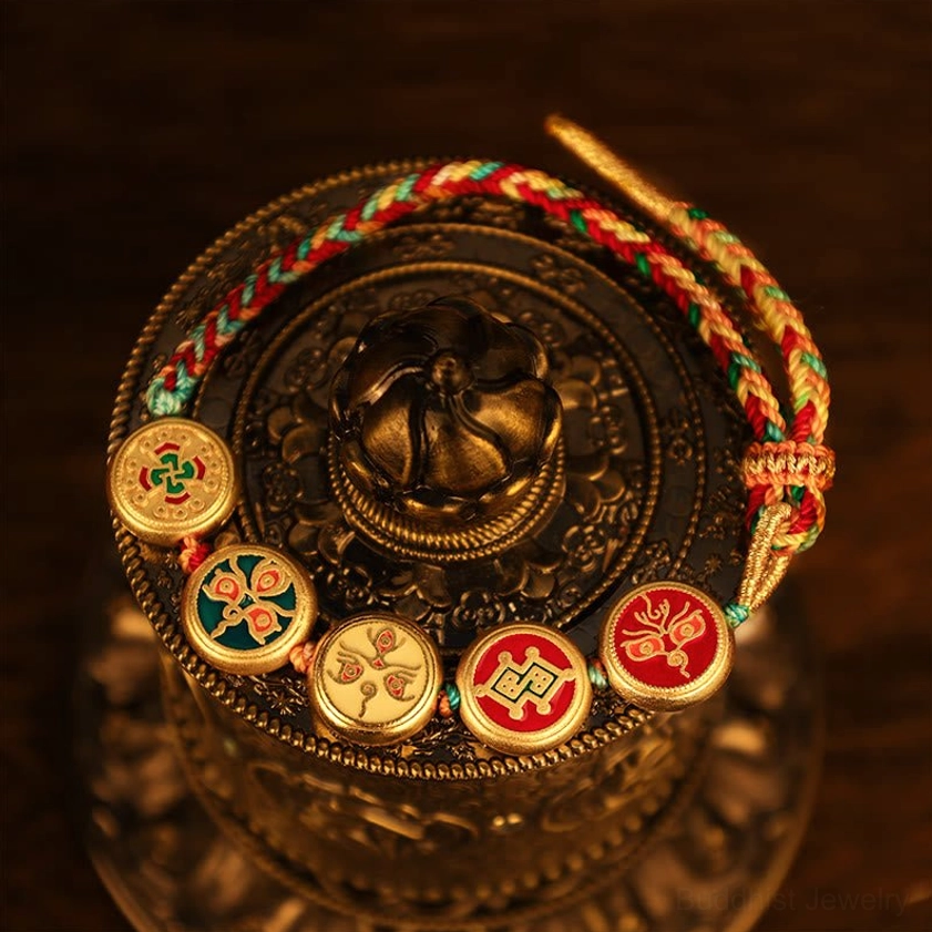Five wealth deities Buddhist prosperity bracelet with adjustable braided rope closure and enamel deity charms