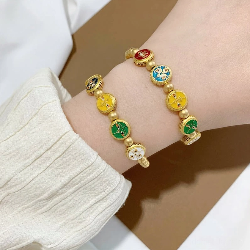 Five wealth gods copper beaded prosperity bracelet with five distinct enamel Buddhist deity fortune charms