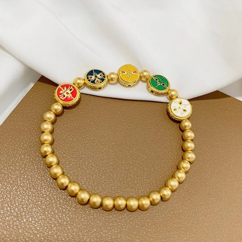 Five wealth gods beaded bracelet featuring five colorful enamel charms on gold-plated copper beads