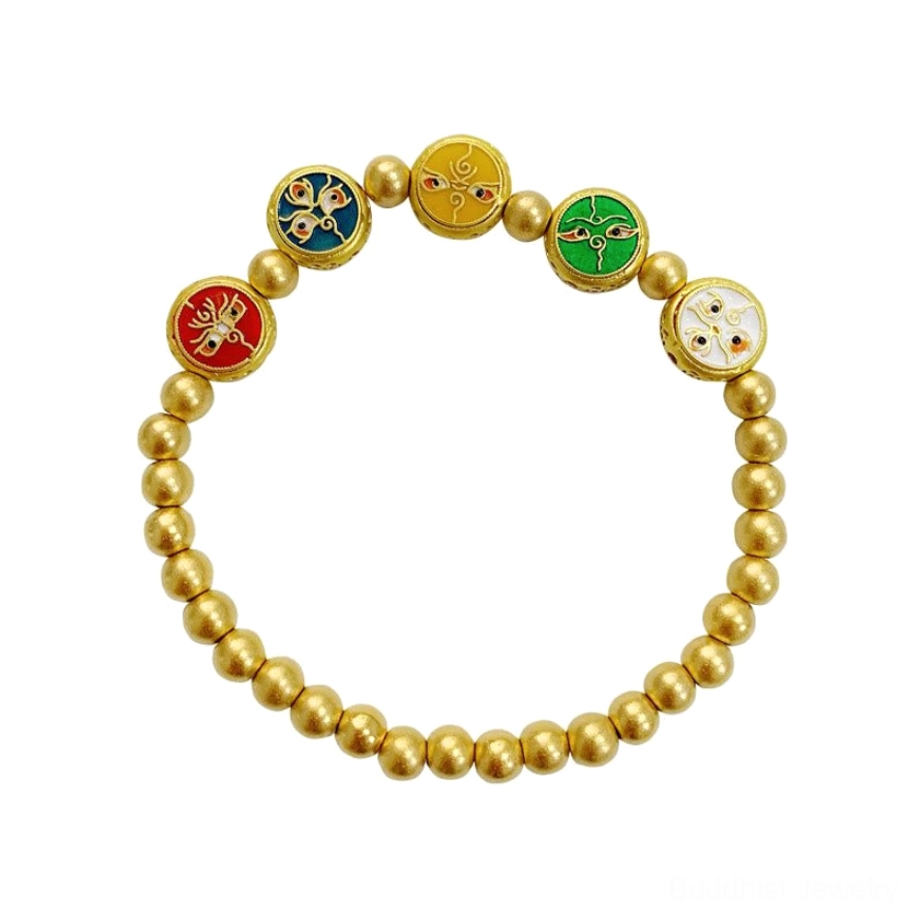 Five wealth gods Buddhist bracelet close-up showing handmade gold-plated copper beads and colorful enamel charms