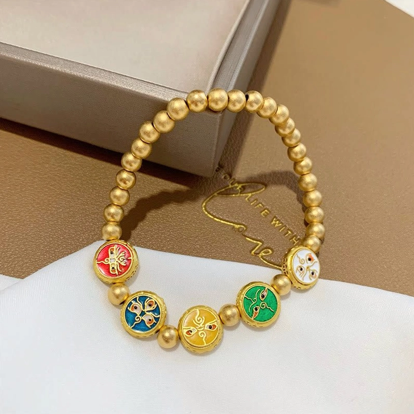 Single five wealth gods Buddhist bracelet with matte gold copper beads and enamel fortune charms in luxury jewelry box