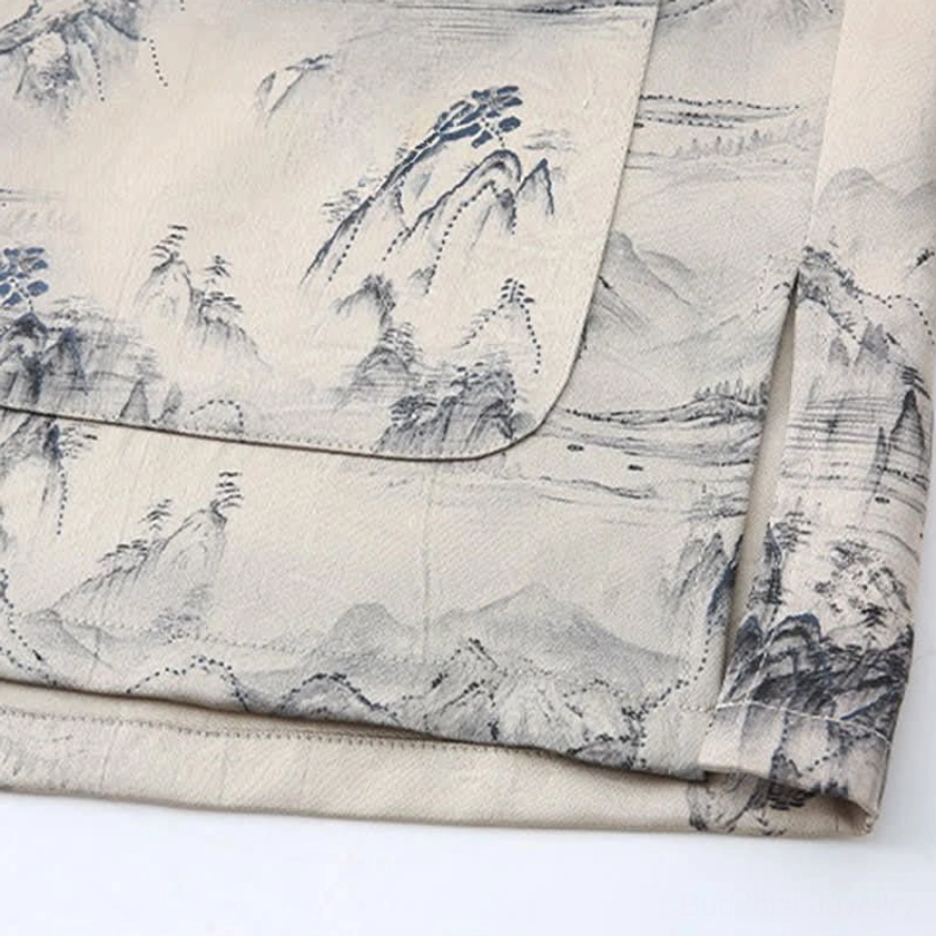 Flap Pocket Detail with Mountain Ink Print - Buddhist Mindfulness Wear Pocket Design