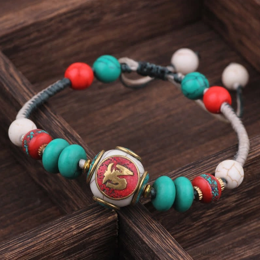 Flat turquoise black white braided rope Buddhist bracelet with adjustable pull cord, handcrafted gemstone meditation bracelet