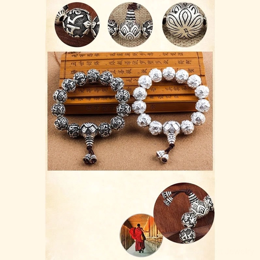 Flexible elastic string mala bracelet with smooth and engraved silver alloy beads for spiritual protection