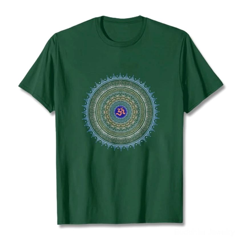 Forest green cotton t-shirt with detailed OM mandala print, spiritual Buddhist graphic design flat lay