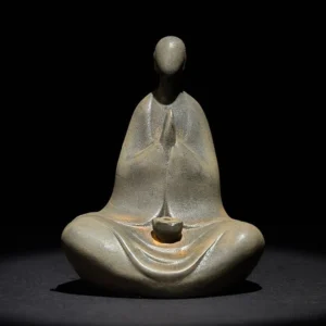 Formless Buddha meditation statue front view with prayer hands and incense tray, rustic iron powder resin cast