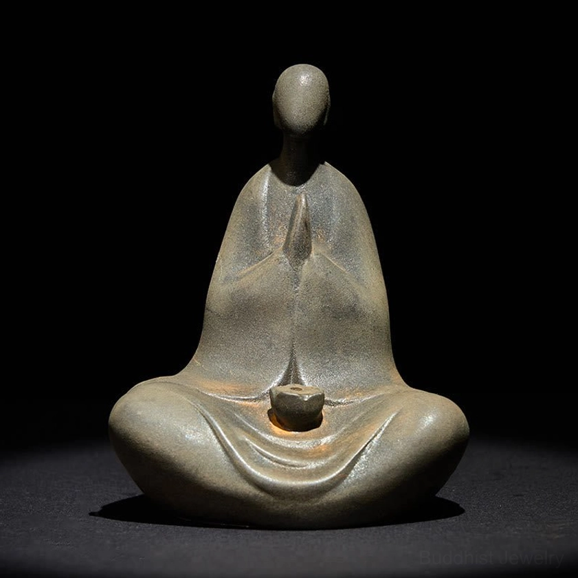 Formless Buddha meditation statue front view with prayer hands and incense tray, rustic iron powder resin cast