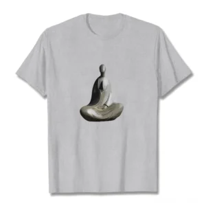 Heather grey formless Buddha cotton t-shirt flat lay front view with crew neck and minimalist print