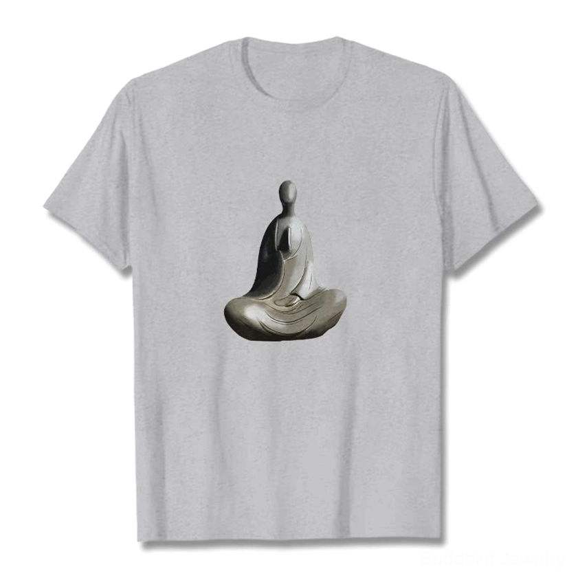 Heather grey formless Buddha cotton t-shirt flat lay front view with crew neck and minimalist print