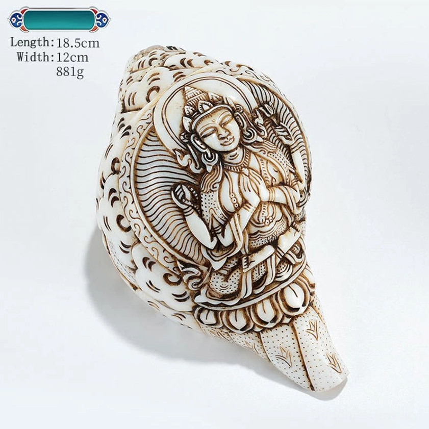 Four-Armed Avalokitesvara 18.5cm Hand-Carved Buddhist Conch Shell Sculpture for Compassion