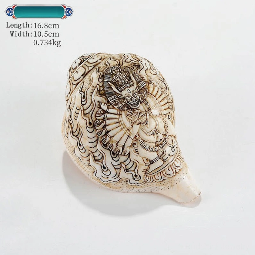 Four-Armed Avalokitesvara Hand-Carved Tibetan Buddhist Conch Shell with Compassion Deity Engraving
