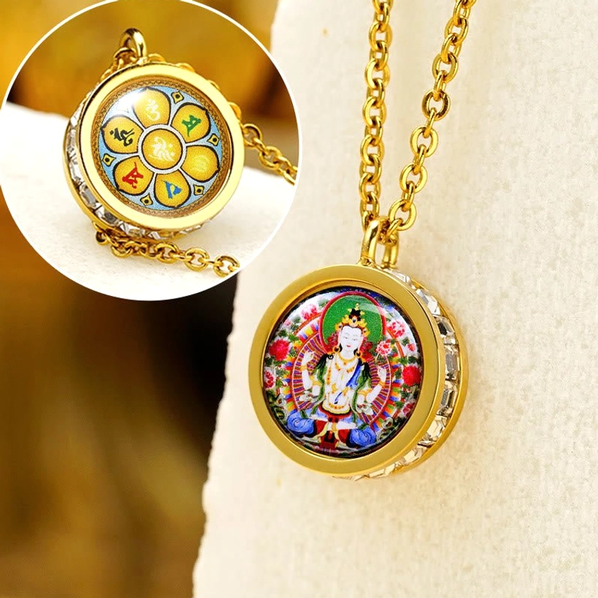 Four-Armed Avalokitesvara Buddhist pendant - universal compassion bodhisattva with mantra