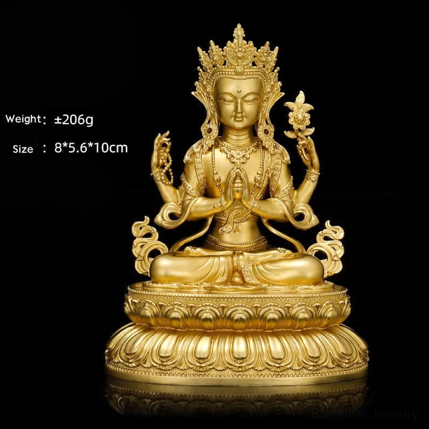 Four-armed Avalokitesvara hand-cast copper statue front view with lotus base and gilded finish
