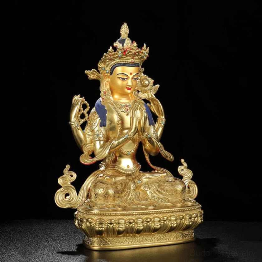 Four-armed Avalokitesvara Chenrezig statue left three-quarter view ornate crown blue accents