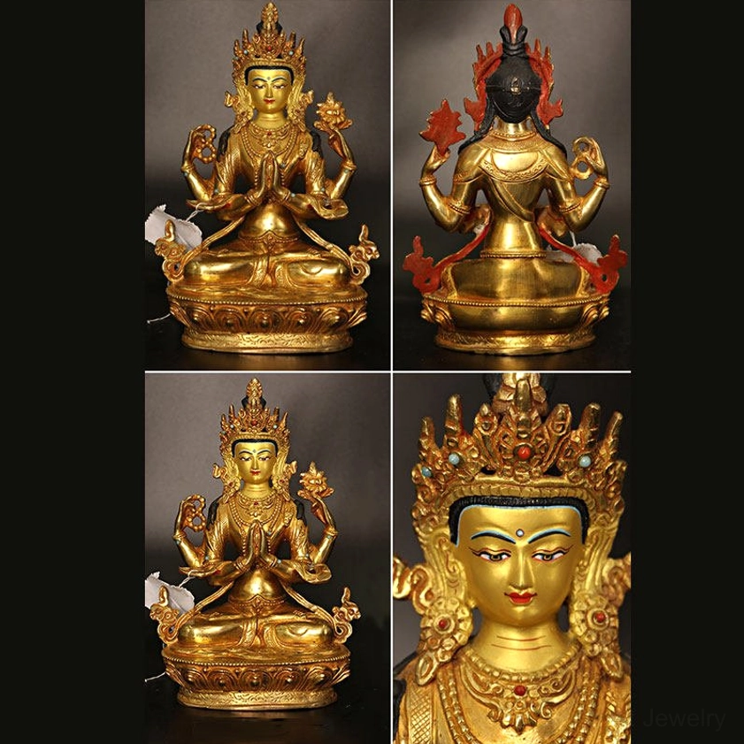Four-armed Avalokitesvara Buddha statue multi-view display showing crown ornaments and facial detail