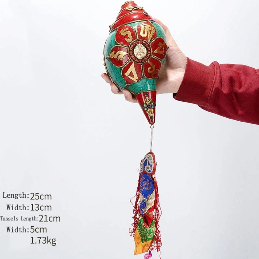 Four-armed Avalokitesvara om mani padme hum conch shell with bodhisattva of compassion symbol and turquoise inlay
