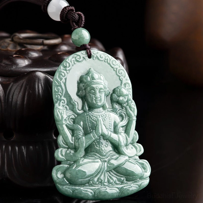 Avalokitesvara jade pendant necklace with decorative white beads and natural cord
