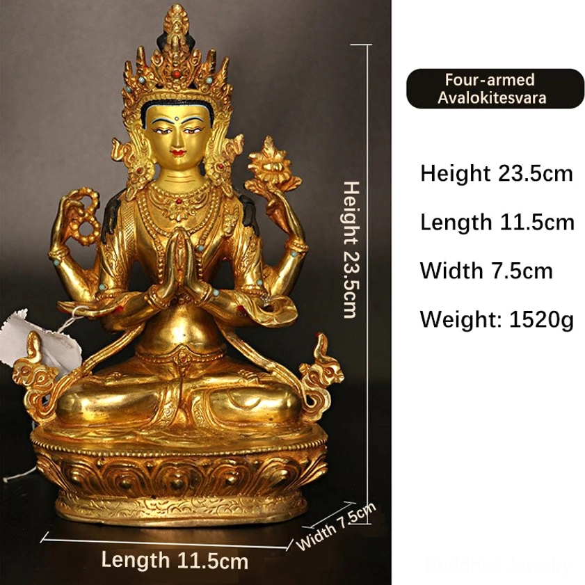 Four-armed Avalokitesvara bodhisattva statue with height specifications and gold plating detail