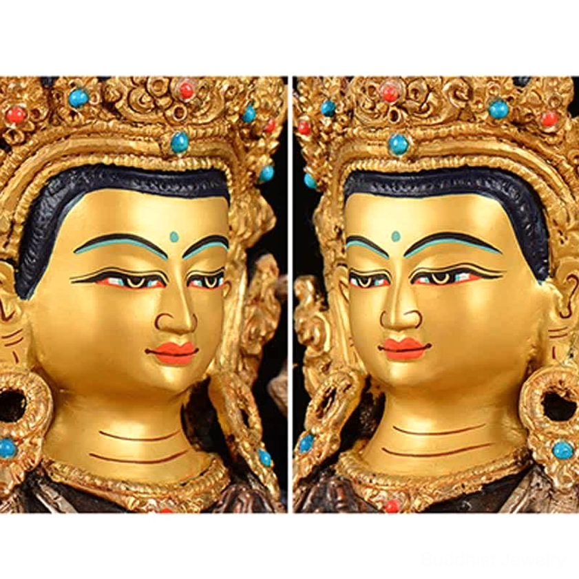 Premium four-armed Avalokitesvara statue featuring authentic turquoise and coral bead decorations on artisan copper base