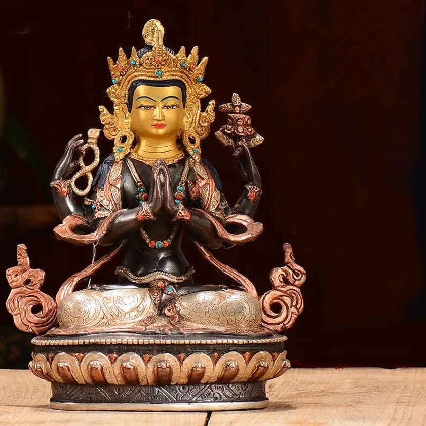 Front full view four-armed Guanyin copper statue with multi-tone metal finish, beaded jewelry, and traditional Buddhist iconography