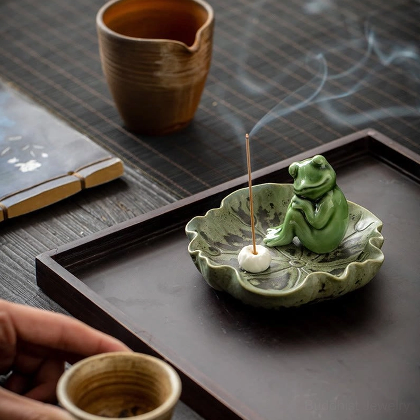 Frog incense burner meditation tool, symbolic lotus and frog spiritual practice support