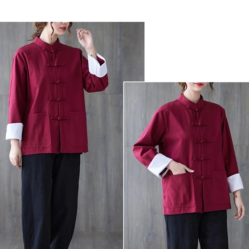 Close-up detail of frog button closure on women's meditation shirt showing traditional craftsmanship