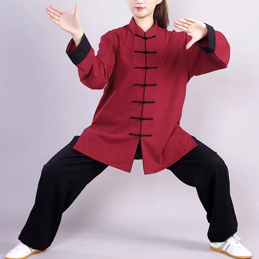 Maroon red frog-button tai chi meditation uniform set front view, unisex cotton linen practice clothing with mandarin collar