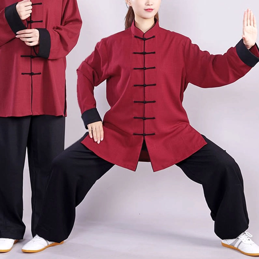 Tai chi meditation clothing set side profile, red top with black frog buttons and relaxed-fit black trousers